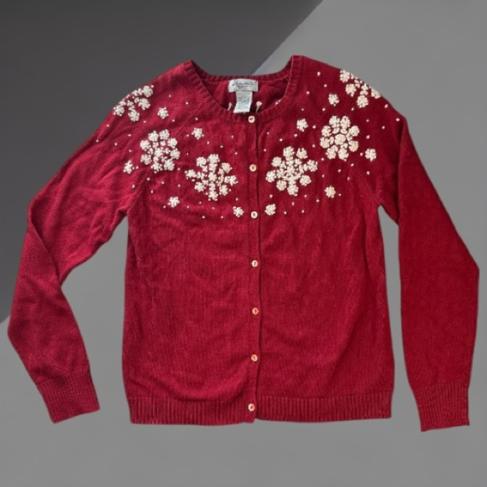 Eddie Bauer Snowflake Wool Cotton Angora Red Holiday Cardigan Sweater | Small